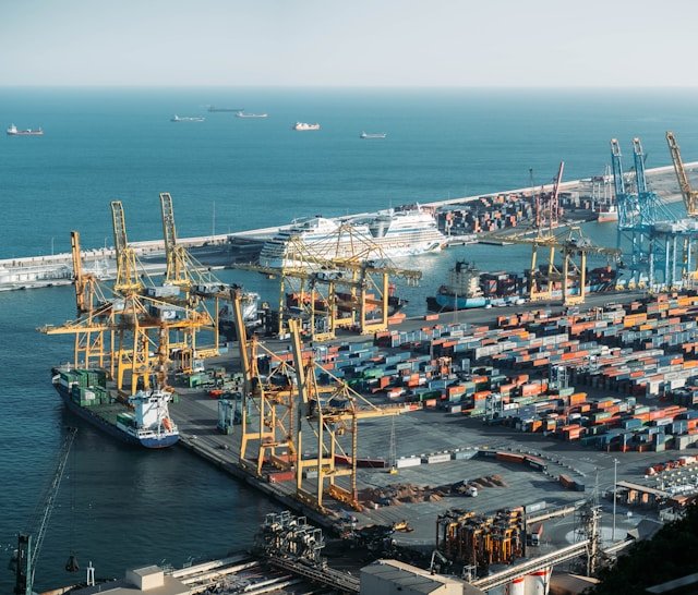 Large commercial vessel docked at port